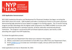 NYP LEAD (Leadership Education and Development for Physicians) Academy Application Announcement